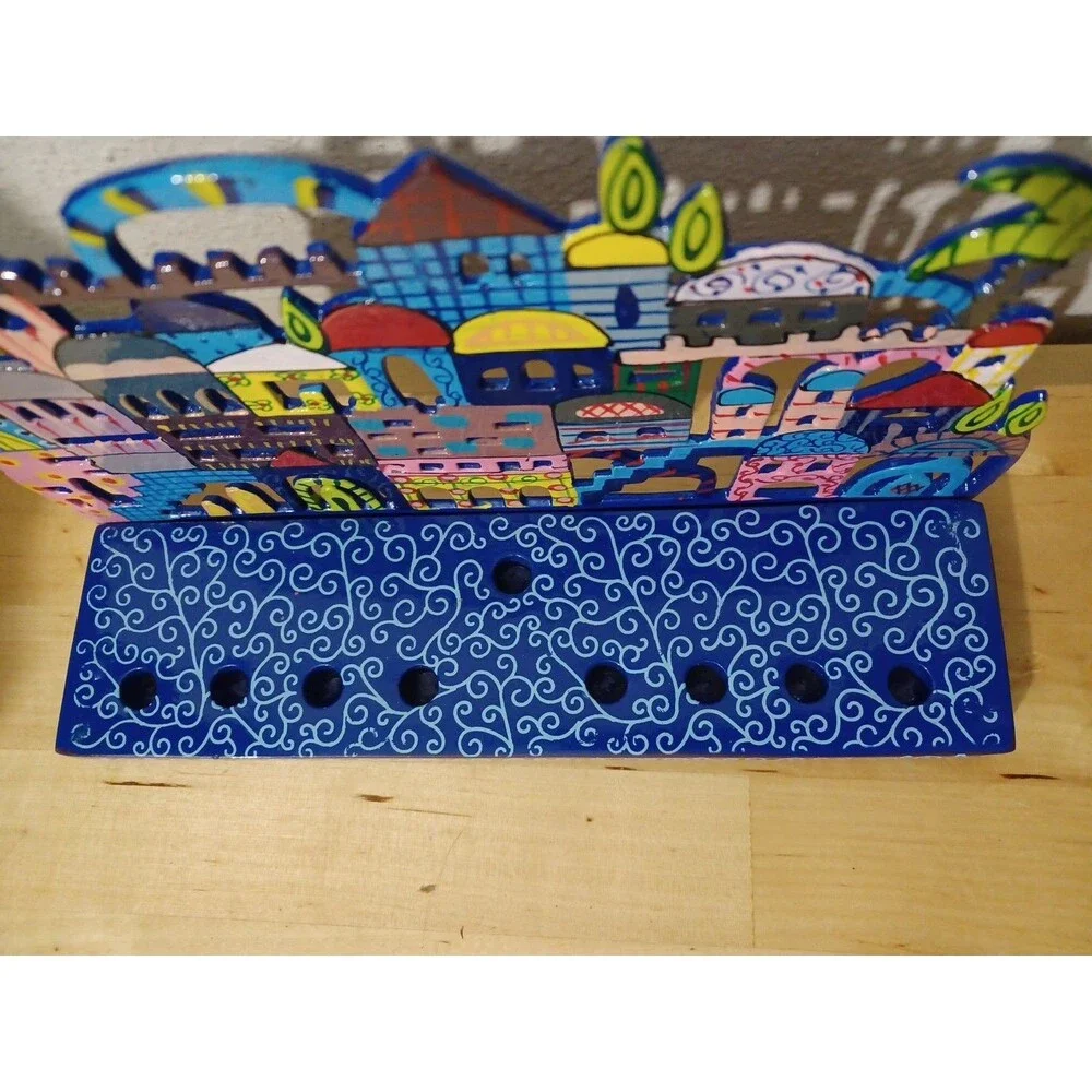 Laser Cut Hand Painted Hanukkah Jewish Menorah Jerusalem Chanukah Yair Emanuel